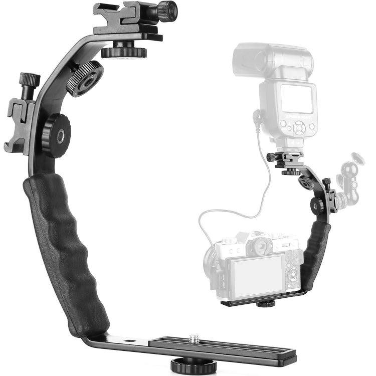 L-Shaped Aluminum Flash Bracket Camera Holder with Double Hot Shoe Mouth (Black)