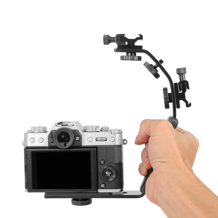 L-Shaped Aluminum Flash Bracket Camera Holder with Double Hot Shoe Mouth (Black)