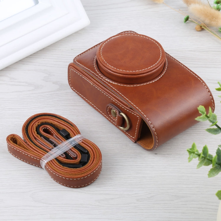 Vertical Flip PU Leather Camera Case with Strap for Ricoh GR III / GRII, Sony ZV-1 / DSC-RX100 Series (Brown)