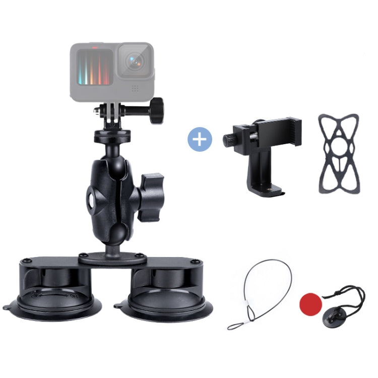 Dual Suction Cup Mount Holder with Tripod Adapter & Smartphone Clamp for GoPro and Action Cameras