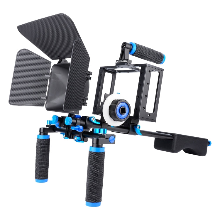 YELANGU D222 Dual Handles Camera Shoulder Mount + Camera Cage Stabilizer Kit with Matte Box + Follow Focus for DSLR and Video Cameras