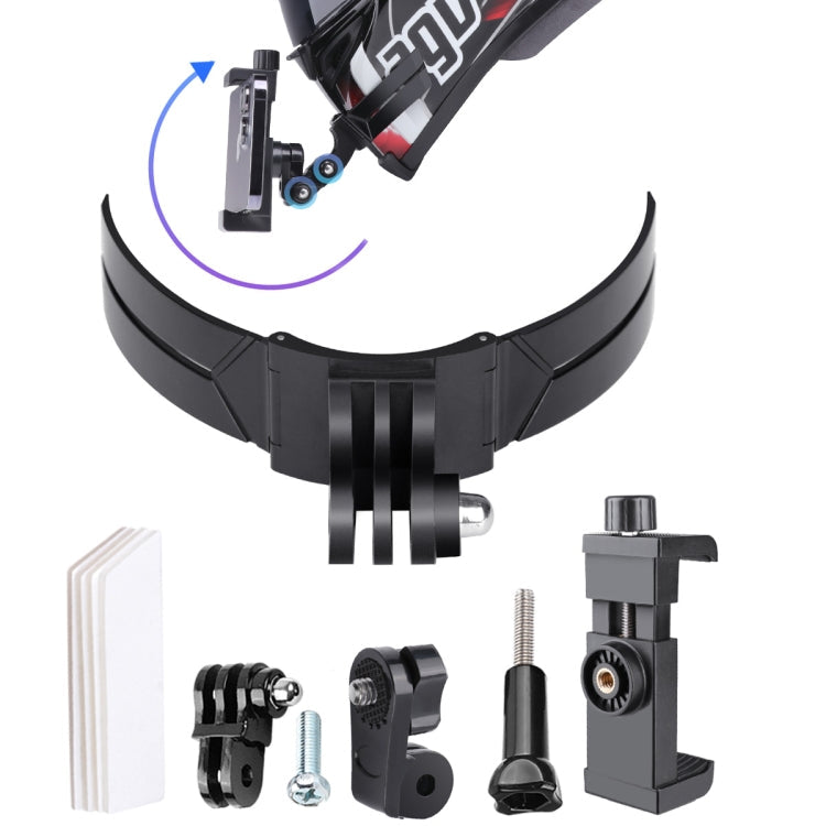 Foldable Bending Action Camera Phone Helmet Mount Kit - Black with J-Hook Buckle & Rotation Phone Clamp