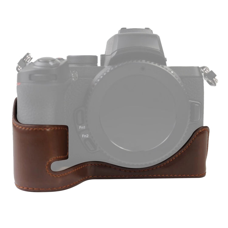 Camera Half Case Base with 1/4 inch Thread for Nikon Z50 in Coffee-colored PU Leather