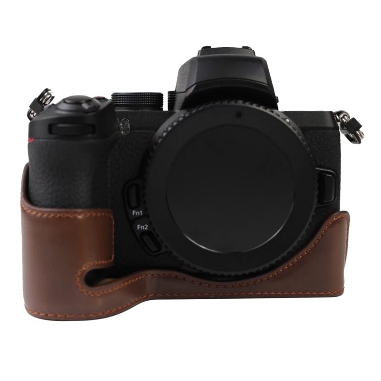 Camera Half Case Base with 1/4 inch Thread for Nikon Z50 in Coffee-colored PU Leather