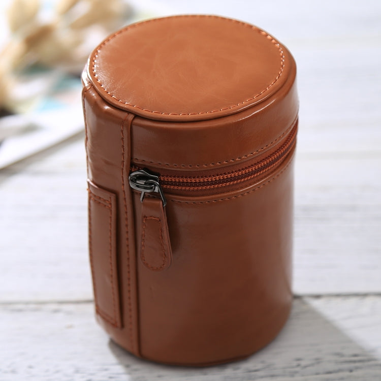Zippered PU Leather Medium Lens Case for DSLR Camera Lens - Brown