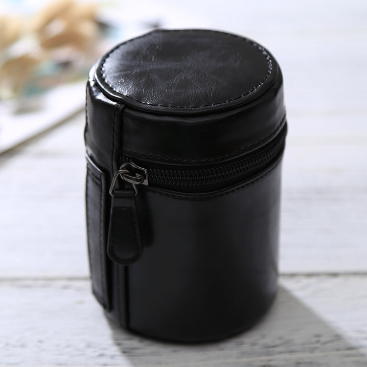 Small Black PU Leather Zippered DSLR Camera Lens Case with Soft Interior Protection
