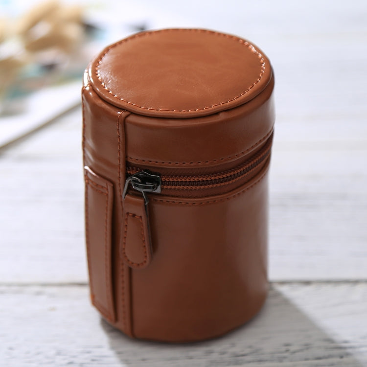 Zippered Brown PU Leather DSLR Camera Lens Case - Compact and Lightweight
