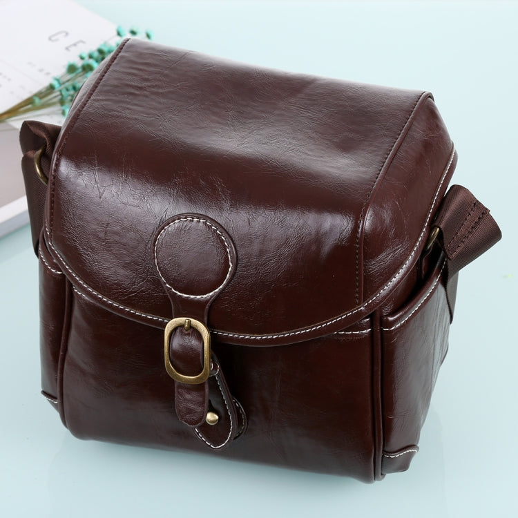 Camera Shoulder Bag in Coffee Leather with Adjustable Strap, Size: 21cm x 15cm x 20cm