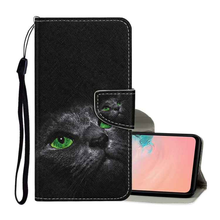 Colored Drawing Pattern Leather Case for Samsung Galaxy A12 with Holder & Card Slots (Black Cat)