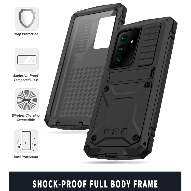 R-JUST Shockproof Waterproof Dust-proof Metal + Silicone Protective Case for Samsung Galaxy S21 Ultra 5G with Holder (Black)