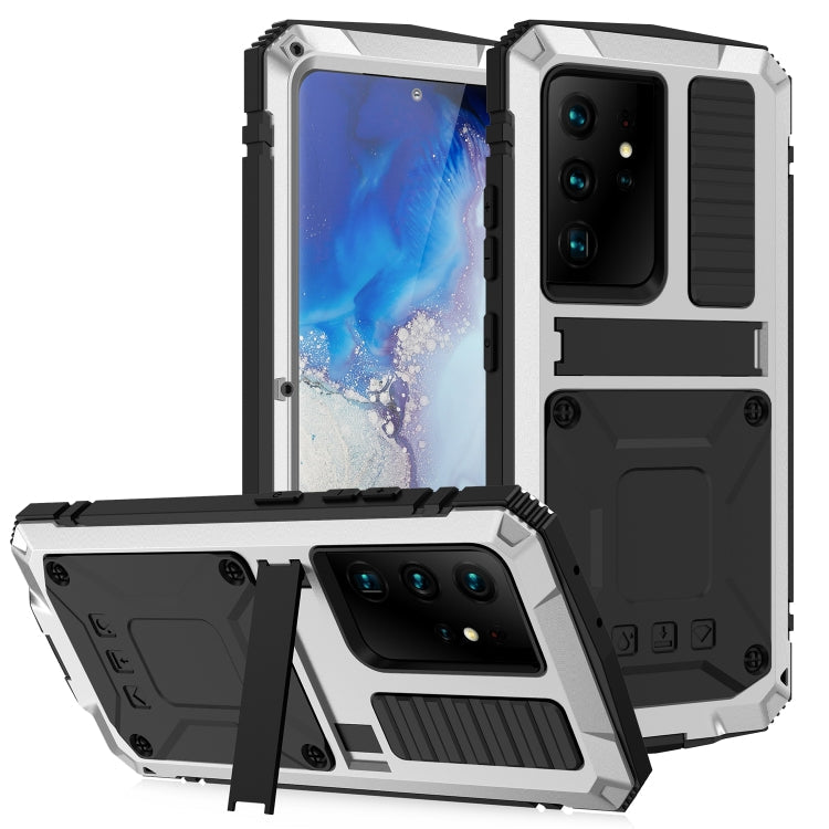 R-JUST Shockproof Waterproof Dust-proof Metal + Silicone Protective Case for Samsung Galaxy S21 Ultra 5G with Holder (Silver)