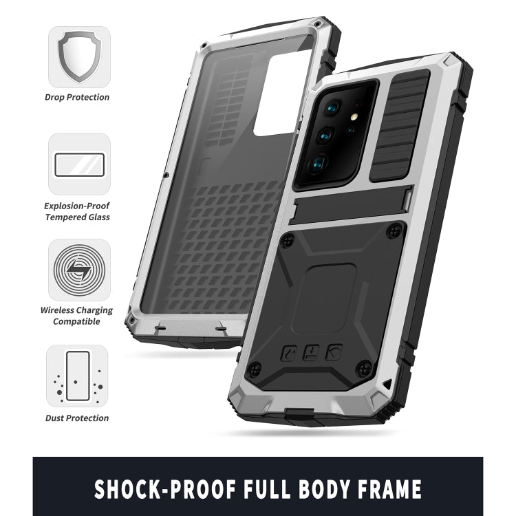 R-JUST Shockproof Waterproof Dust-proof Metal + Silicone Protective Case for Samsung Galaxy S21 Ultra 5G with Holder (Silver)