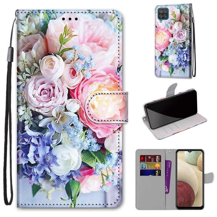 Colored Drawing Cross Texture PU Leather Case for Samsung Galaxy A12 / M12 with Holder and Card Slots and Wallet and Lanyard (Light Pink Bouquet)