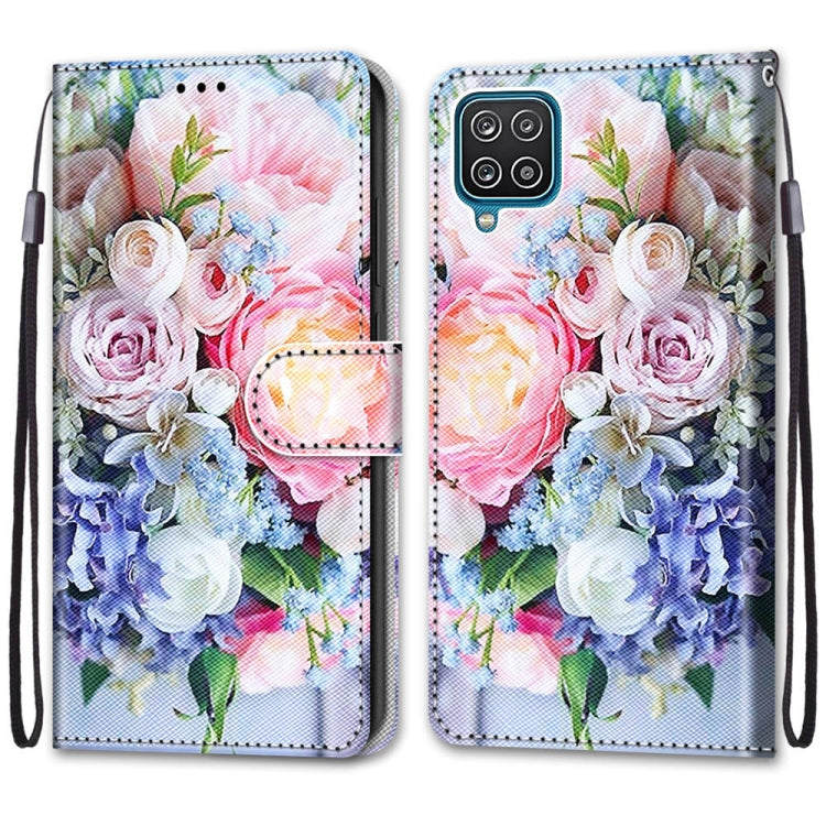 Colored Drawing Cross Texture PU Leather Case for Samsung Galaxy A12 / M12 with Holder and Card Slots and Wallet and Lanyard (Light Pink Bouquet)