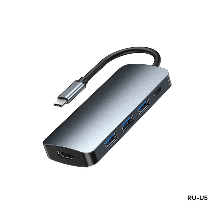 Remax RU-U5 5 In1 Multi-function Type-C / USB-C HUB Docking Station (Dark Grey) - Aluminum Alloy, 7.5W-100W, 5-20V Rated Power