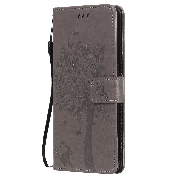 Gray Tree & Cat Pattern PU Leather Case for OPPO Reno5 5G with Holder & Card Slots