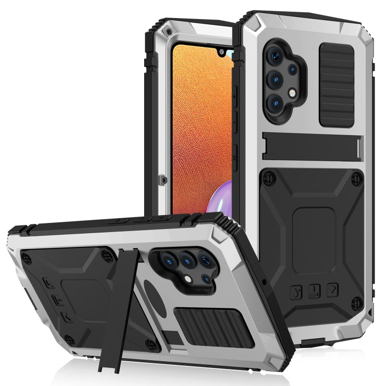 R-JUST Waterproof Shockproof Dustproof Metal + Silicone Protective Case for Samsung Galaxy A32 4G with Holder(Silver)