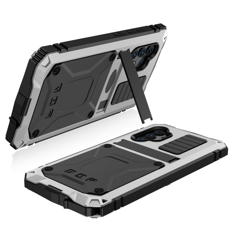 R-JUST Waterproof Shockproof Dustproof Metal + Silicone Protective Case for Samsung Galaxy A32 4G with Holder(Silver)