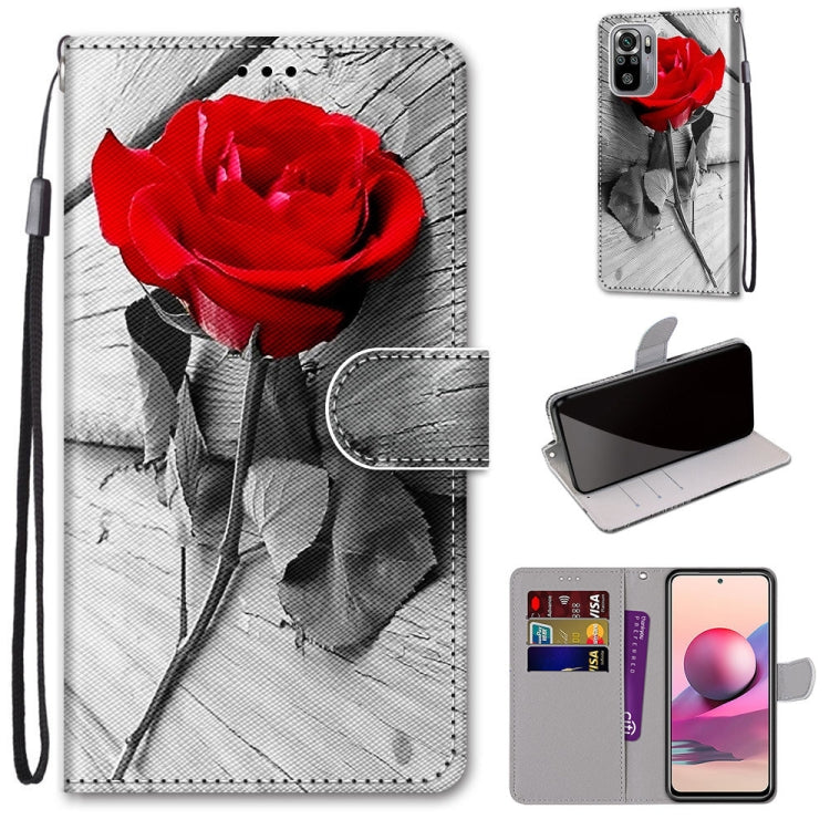Coloured Drawing Cross Texture Horizontal Flip PU Leather Case for Xiaomi Redmi Note 10 4G / Note 10S - Wood Red Rose