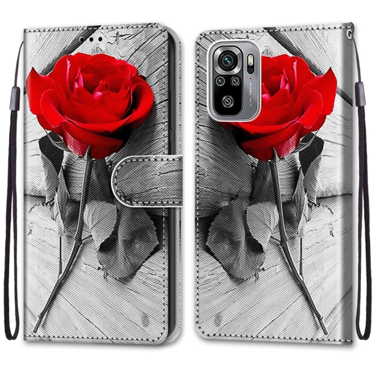 Coloured Drawing Cross Texture Horizontal Flip PU Leather Case for Xiaomi Redmi Note 10 4G / Note 10S - Wood Red Rose