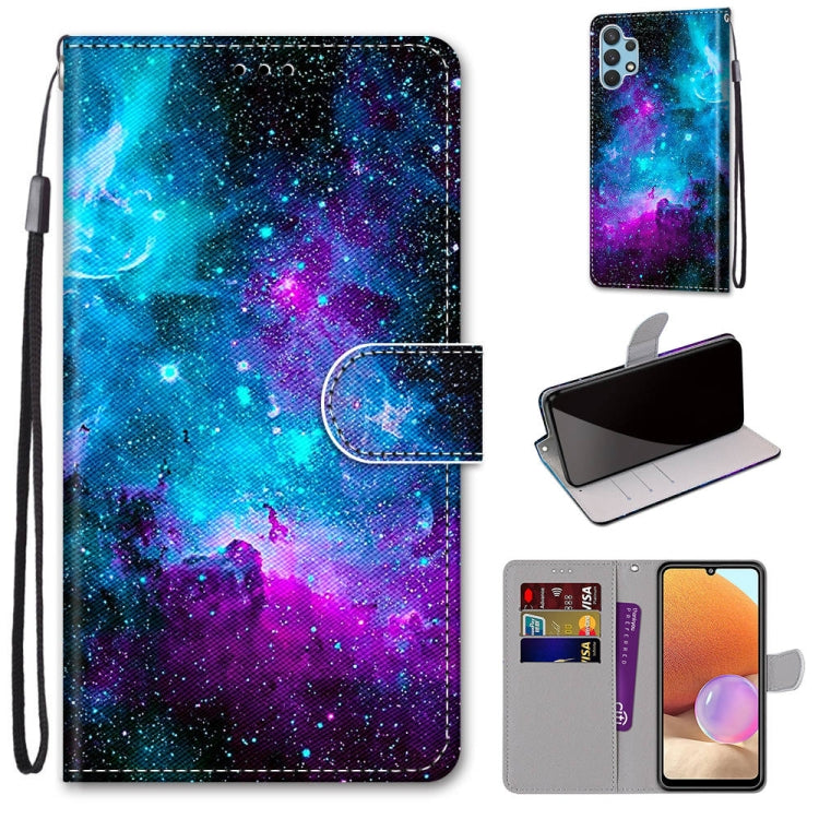 Purple Green Starry Sky Coloured Drawing Horizontal Flip Leather Case for Samsung Galaxy A32 4G/A32 Lite with Holder & Card Slots & Wallet & Lanyard