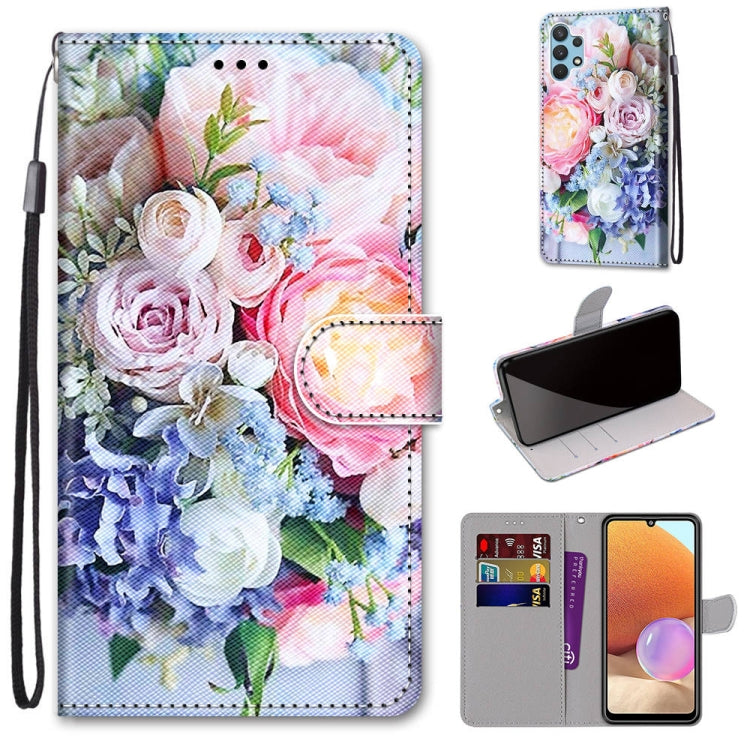 Light Pink Bouquet Coloured Drawing Cross Texture PU Leather Case for Samsung Galaxy A32 4G / A32 Lite