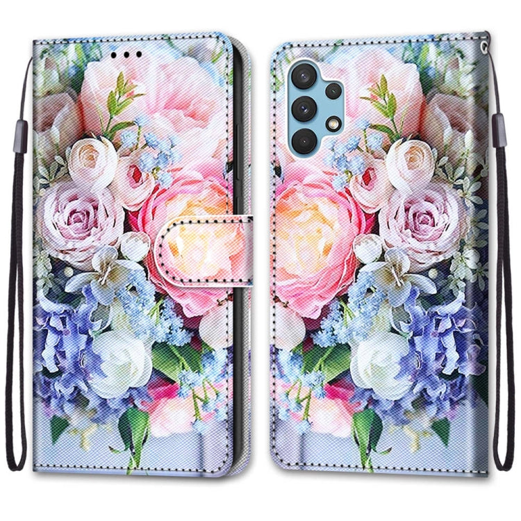 Light Pink Bouquet Coloured Drawing Cross Texture PU Leather Case for Samsung Galaxy A32 4G / A32 Lite