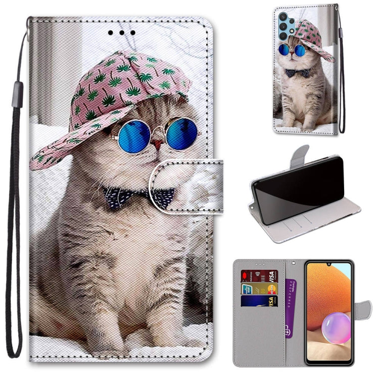 Colorful Horizontal Flip PU Leather Case for Samsung Galaxy A32 4G / A32 Lite with Card Slots & Wallet & Lanyard (Blue Mirror Cat Design)