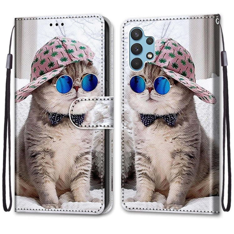 Colorful Horizontal Flip PU Leather Case for Samsung Galaxy A32 4G / A32 Lite with Card Slots & Wallet & Lanyard (Blue Mirror Cat Design)