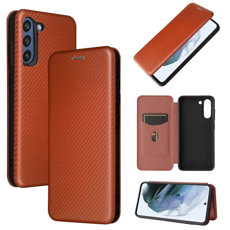Carbon Fiber Texture Horizontal Flip Case for Samsung Galaxy S21 FE with Card Slot - Brown