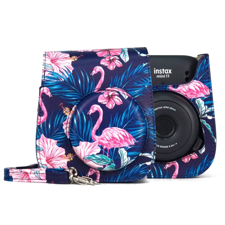 Flamingo Pattern Camera Bag for Fujifilm Instax Mini 11 (Black Background) with Shoulder Strap