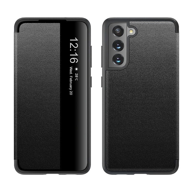 Leather Case with Magnetic Side Window View for Samsung Galaxy S21 FE (Black)