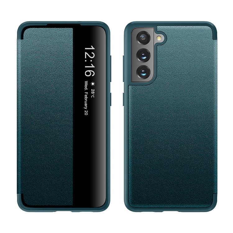 Green Leather Case with Magnetic Window View for Samsung Galaxy S21 FE