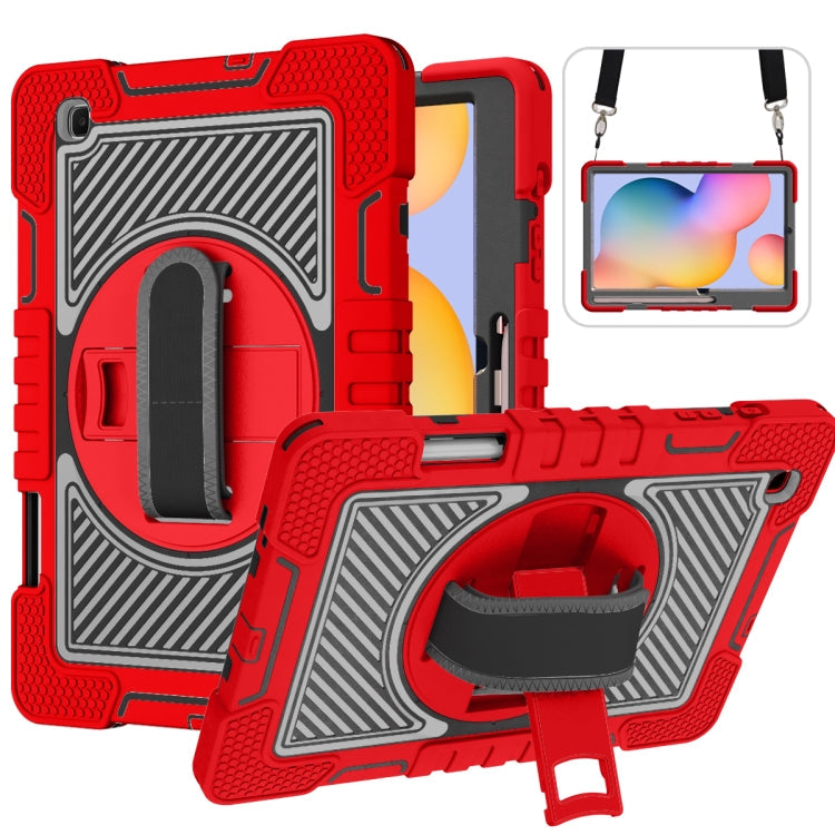 360 Degree Rotation Contrast Color Shockproof Case for Samsung Galaxy Tab S6 Lite P610/P615 with Holder & Straps (Red+Black)