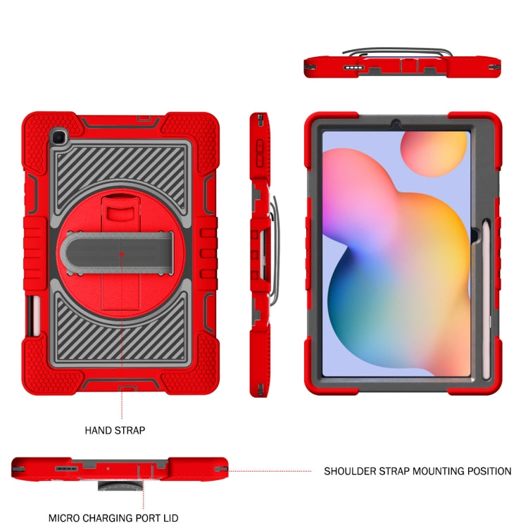 360 Degree Rotation Contrast Color Shockproof Case for Samsung Galaxy Tab S6 Lite P610/P615 with Holder & Straps (Red+Black)