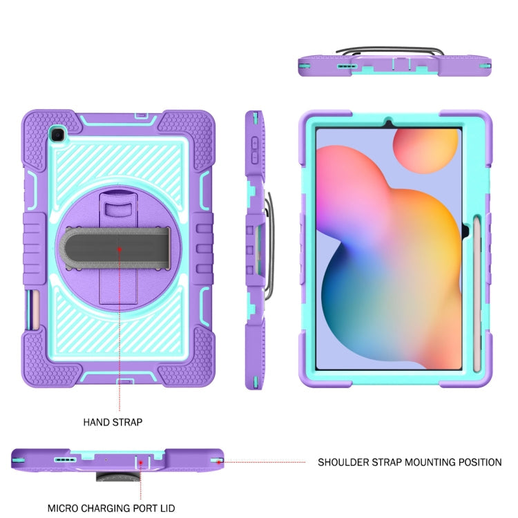 360 Degree Rotation Contrast Color Shockproof Case for Samsung Galaxy Tab S6 Lite P610/P615 with Holder & Straps (Purple + Mint Green)