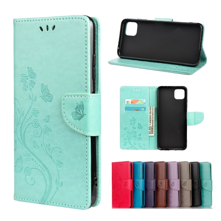 Samsung Galaxy A22 5G Butterfly Flower Pattern Leather Flip Case with Card Slots & Wallet (Green)