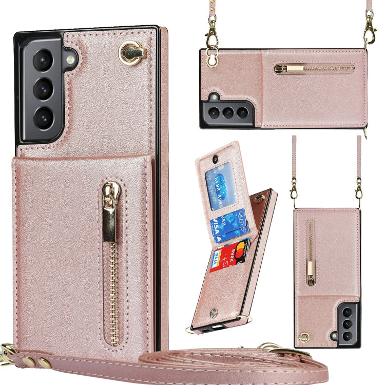 Rose Gold Cross-body Zipper Case for Samsung Galaxy S21 5G with Card Slots and Wallet