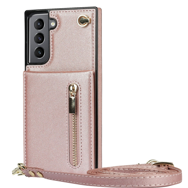 Rose Gold Cross-body Zipper Case for Samsung Galaxy S21 5G with Card Slots and Wallet