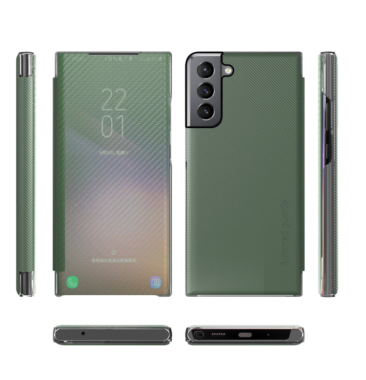 Samsung Galaxy S21 FE Green Leather Case with Carbon Fiber Texture & View Time Horizontal Flip