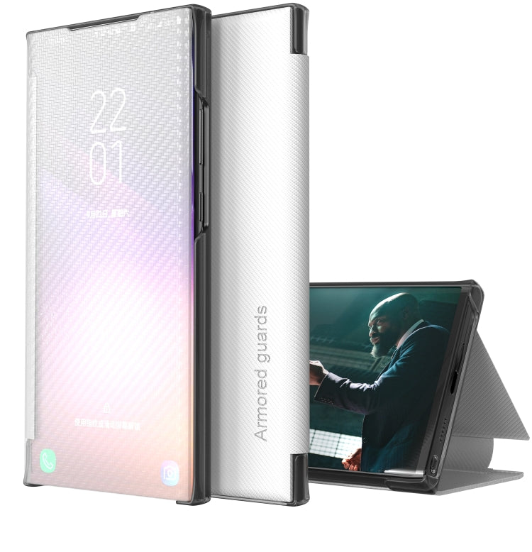 Carbon Fiber Flip Leather Case with Holder for Samsung Galaxy S21 FE (White)
