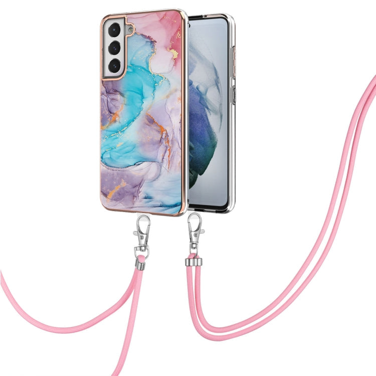 Electroplating Pattern IMD TPU Shockproof Case for Samsung Galaxy S21 FE with Lanyard - Milky Way Blue Marble