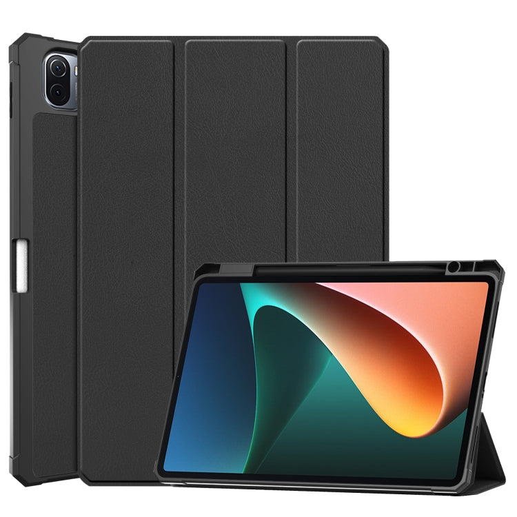 Xiaomi Pad 5/5 Pro Leather Case with Three-folding Holder & Sleep/Wake-up Function (Black)