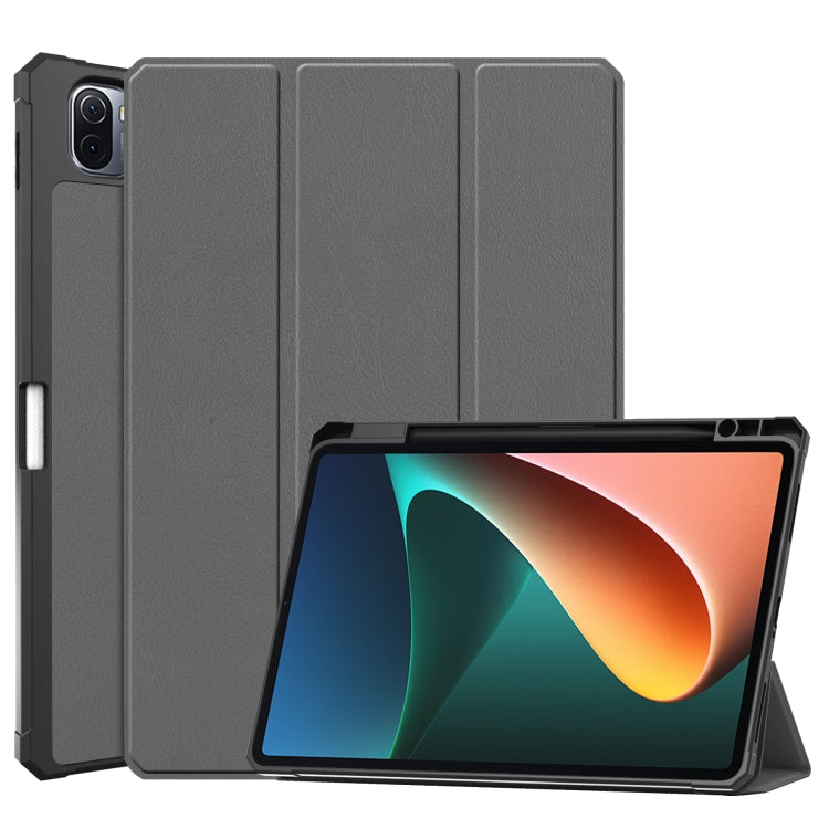 Grey Custer Texture Leather Case for Xiaomi Pad 5/5 Pro with Three-folding Holder & Sleep/Wake-up Function
