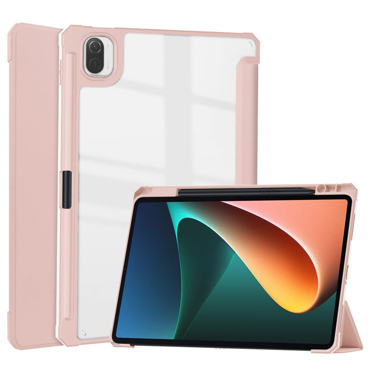 Xiaomi Pad 5/5 Pro Rose Gold Transparent TPU Horizontal Flip Leather Case with Pen Slot & Three-fold Holder