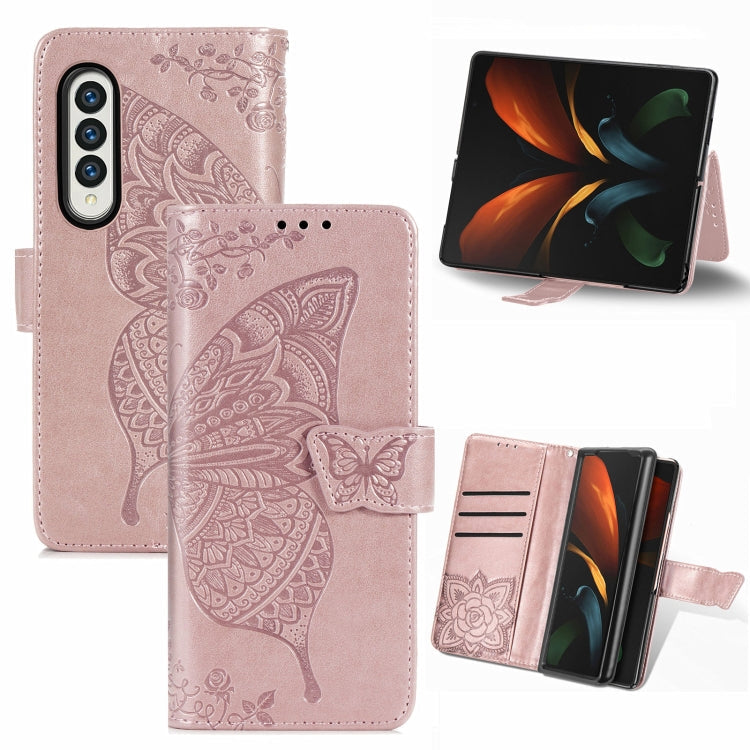 Butterfly Love Flowers Embossed Leather Case for Samsung Galaxy Z Fold3 5G with Holder & Card Slots & Wallet & Lanyard (Rose Gold)