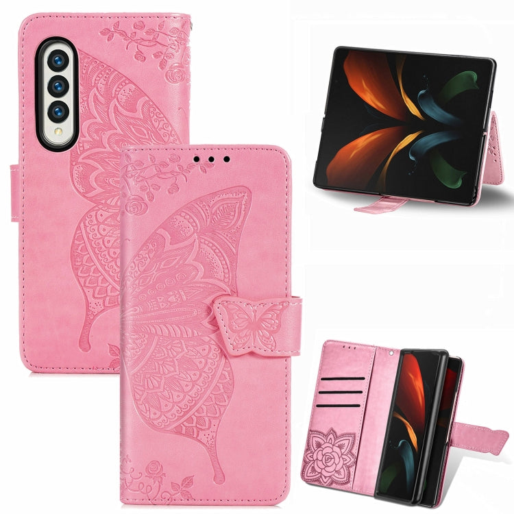 Butterfly Love Flowers Embossed Flip Leather Case for Samsung Galaxy Z Fold3 5G (Pink)