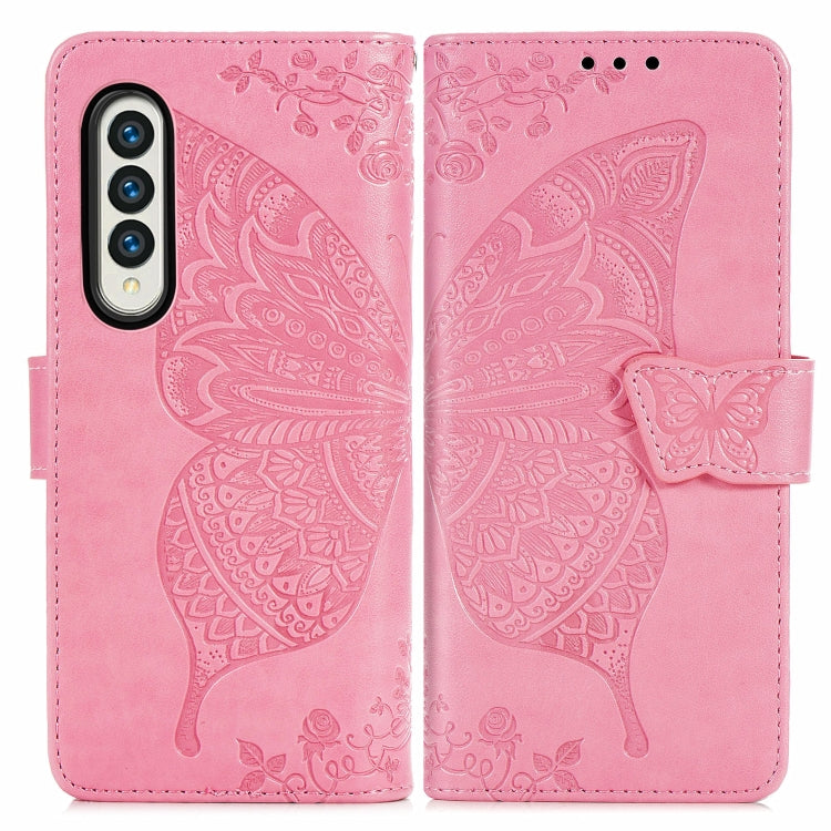 Butterfly Love Flowers Embossed Flip Leather Case for Samsung Galaxy Z Fold3 5G (Pink)