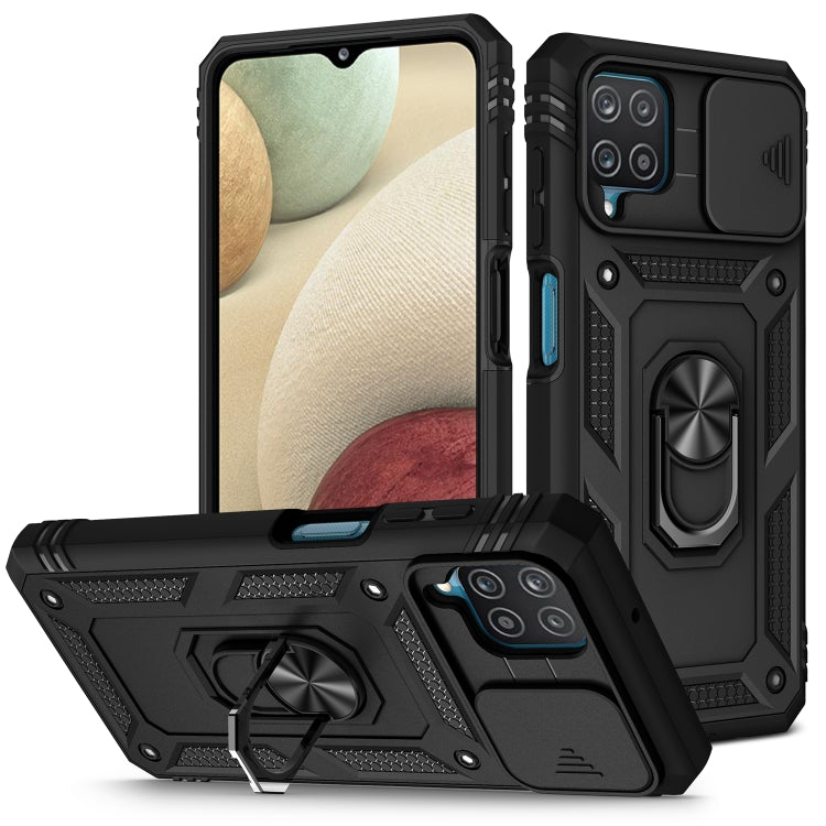 360-Degree Rotating Holder Protective Case for Samsung Galaxy A12 with Sliding Camera Cover and Card Slot (Black)