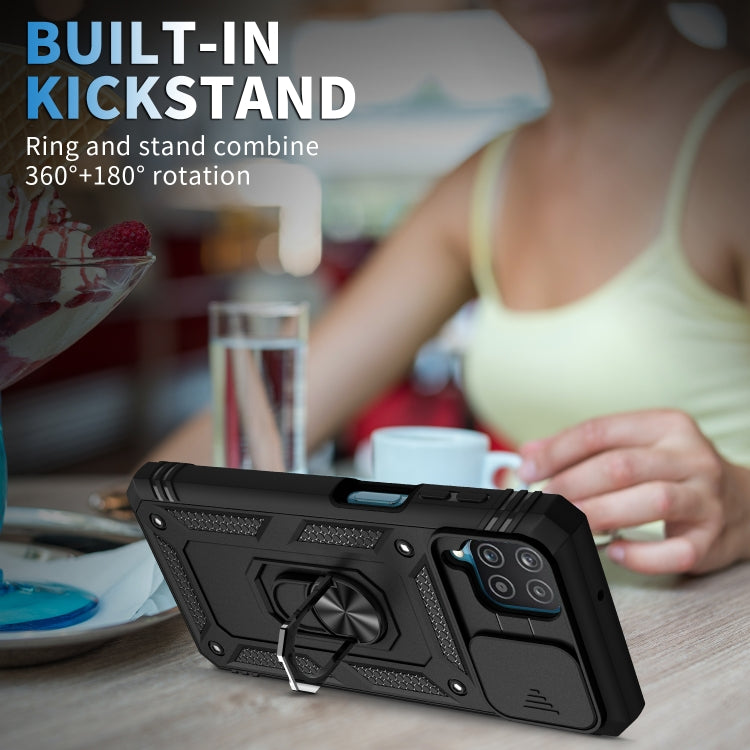 360-Degree Rotating Holder Protective Case for Samsung Galaxy A12 with Sliding Camera Cover and Card Slot (Black)